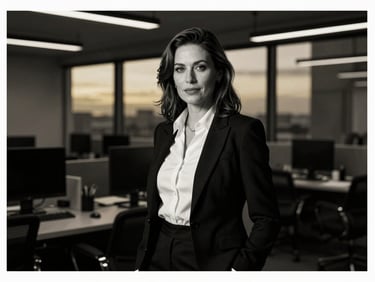 High-contrast black and white portrait of a professional female insurance advisor in a modern Eugene office, elegant corporate styling