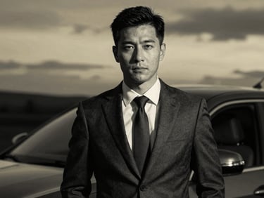 High-contrast black and white portrait of a male risk manager in a dark charcoal suit, sophisticated corporate setting