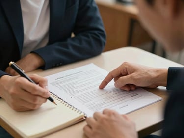 Close-up of two people at a small table, one pointing at a printed job listing, the other taking notes by hand, warm indoor light, papers spread between them, both focused downward on the document