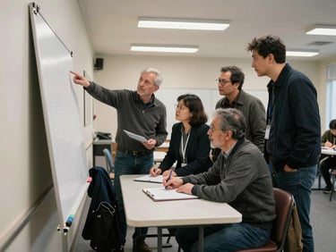Small group of four adults gathered around a folding table in a community room, one person writing on a large notepad propped against the wall, others watching and pointing, fluorescent and natural light mixed, jackets and bags on nearby chairs