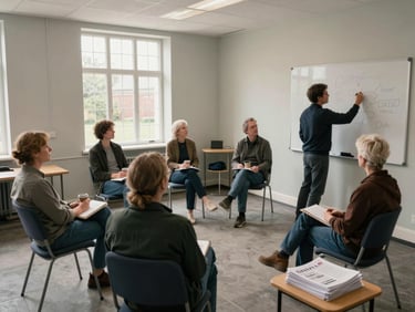 Wide shot of a small community room: five or six adults seated in a loose circle of chairs, one person standing and writing on a whiteboard. Daylight from clerestory windows above. Notebooks and coffee cups in laps. Faces attentive, not posed. A stack of printed handouts sits on a side table.