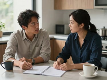 A parent and a program coordinator seated side by side at a kitchen-style table, a handwritten schedule visible between them, natural daylight from a nearby window, relaxed but focused posture, coffee cups present