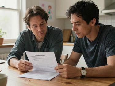 Close shot of two adults at a kitchen table with a printed worksheet between them, both looking down at the page. Warm morning window light. A child's drawing is visible on the wall behind them. Hands rest on the table, one holding a pen mid-thought. Lived-in, unhurried atmosphere.