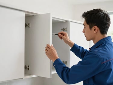 A clean, modern Reno kitchen with natural light, a technician neatly installing hardware on a cabinet door, protective drop cloths visible.