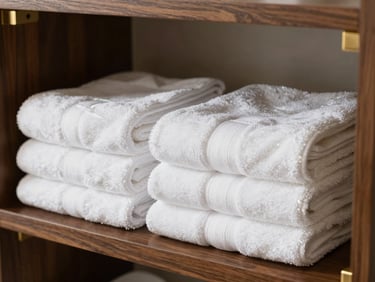 Close-up of neatly folded luxury white towels on a dark wooden shelf, warm natural light, gold bathroom accents, pristine order