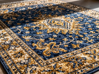 Close-up of a perfectly cleaned luxury wool rug with intricate patterns, soft golden-hour light highlighting deep texture, immaculate fibers
