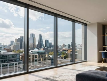 Bright architectural shot of a modern penthouse living room, floor-to-ceiling windows overlooking London, flawless glass reflections, absolute order
