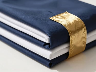 Close-up of neatly folded premium linens on a pristine surface, soft natural daylight, sharp focus on textile texture