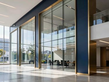 Pristine modern corporate office interior, sharp reflections on glass partitions, bright natural daylight, architectural lens