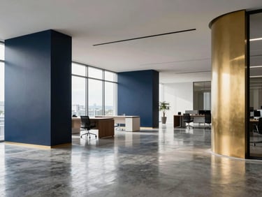 Immaculate modern office interior, high-contrast daylight reflecting off polished concrete floors, minimalist desks, sharp architectural lines