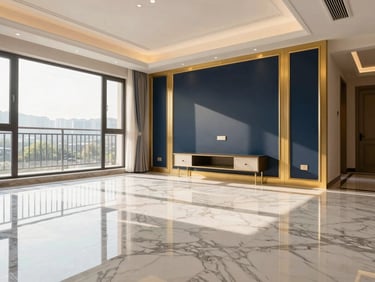 Luxury residential living room, immaculate marble flooring, soft golden-hour light illuminating clean lines, premium interior photography
