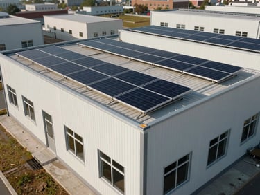 Straight-on elevation of a light commercial building with flat-roof solar racking systems.