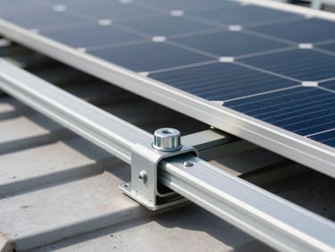 Close-up of heavy-duty structural mounting hardware and aluminum rails securing a solar panel to a roof under bright daylight.