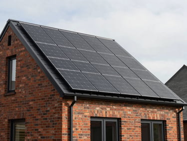 Architectural view of a modern brick home with a sleek black solar array under bright overcast light.