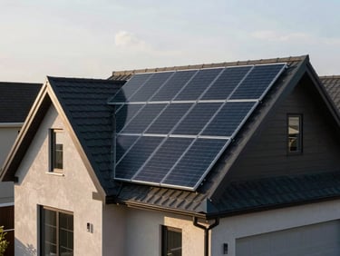 Modern suburban home with a steep gabled roof featuring a low-profile solar installation.
