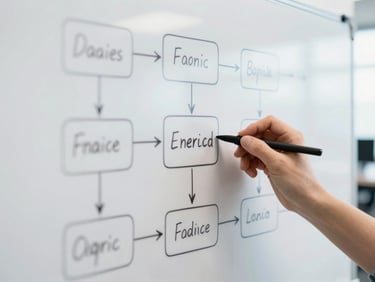 Close-up of hands writing on a physical whiteboard, structuring a complex data flow diagram, clean office environment, natural daylight