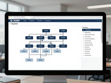 Straight-on technical display of a consulting simulation interface, showing decision trees, compliance metrics, and structured diagnostic reports, cool office daylight, 35mm