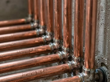 A detailed close-up of newly installed copper water pipelines in a residential basement in Germany. Neatly organized rows, clean solder joints, reflecting soft overhead work lights. Technical, precise craftsmanship, professional construction photography, Central European / Germany.