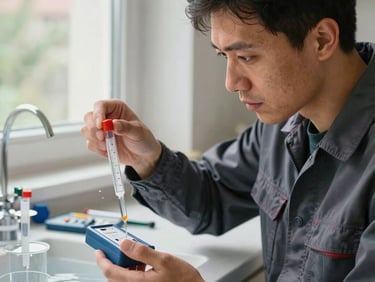 A service technician examining water quality in a German home. Holding a professional testing kit with clear test tubes, showing precise measuring. Clean, organized setup, professional attire, soft daylight from a nearby window, Central European / Germany.
