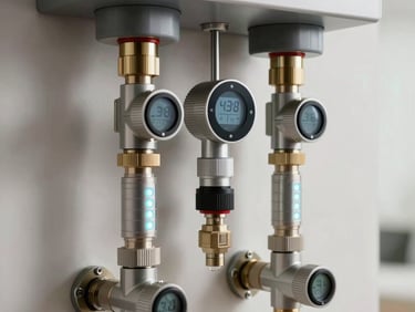 A modern smart home water manifold system installed in a German house. Electronic valves, glowing status LEDs in soft blue, digital pressure sensors, high-tech water management. Sharp technical photograph, clean and premium, Central European / Germany.