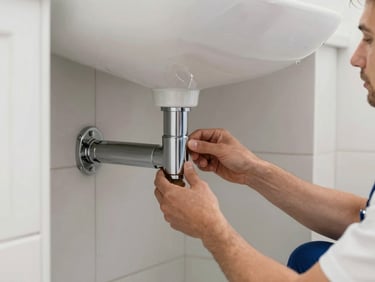 Professional plumber installing high-end bathroom fixtures in a newly renovated German home. Wearing clean professional workwear. Focus on hands carefully adjusting a chrome pipe under the sink. Bright, clean, professional craftsmanship, soft natural light, Central European / Germany.