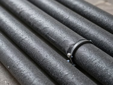 A close-up of high-quality thermal pipe insulation on basement heating lines in Germany. Neatly wrapped grey foam sleeves with secure zip ties, showcasing energy-efficient building technology. Sharp focus, clean and professional, Central European / Germany.