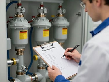 A professional sanitary inspector checklist clip-board held by a technician in front of a newly serviced German heating and water manifold system. High-quality workwear, organized layout, technical safety labels visible, Central European / Germany.