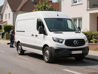 A professional service vehicle parked in a tidy suburban street in Germany. Clean branding on the van, professional technician carrying a toolbox towards a residential building. Bright daylight, realistic and trustworthy atmosphere, Central European / Germany.