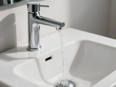 A close-up photograph of a sleek, modern bathroom vanity in Germany. Minimalist design, brushed chrome faucet with flowing clear water, premium white ceramic washbasin, high-end materials. Bright natural morning light, crisp focus, architectural digest style, Central European / Germany.