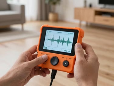 A technician using a digital acoustic water leak detector on a floor in a modern German home. Detailed view of the smart device screen showing signal waves, clean and high-tech approach. Soft natural indoor lighting, Central European / Germany.