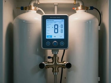 A water softening system with a digital interface installed in a clean utility room in Germany. The display shows water hardness levels in German text, premium resin tank next to it. Soft interior lighting, professional installation, Central European / Germany.
