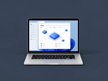 Minimalist desk flatlay showing a laptop screen with a clean dashboard, crisp digital studio lighting
