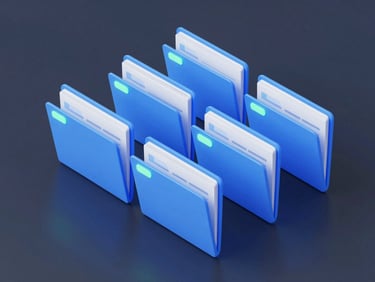 Isometric 3D mockup of digital files and document folders with glowing green highlights, clean workspace setup