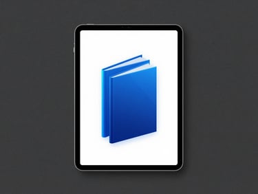 Straight-on flatlay of a tablet displaying a sleek ebook cover with neon blue accents, dark slate background, sharp focus