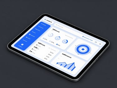 Crisp digital workspace mockup with flatlay tablet displaying live affiliate dashboards, electric blue glowing interface, dark slate background, sharp focus.