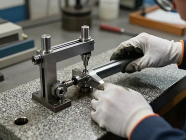 Wide shot of a precision measuring instrument—a height gauge on a granite surface plate—held by gloved hands checking a machined steel part, shop floor visible in soft focus behind, natural overhead task lighting