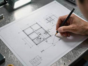 Close-up overhead view of an engineering drawing pinned flat on a steel worktable, a technician's finger tracing a tolerance callout on the blueprint, task lighting from above, crisp and even, no shadows obscuring the print