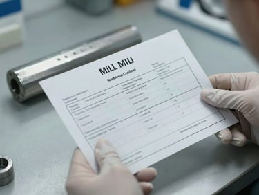 Close-up macro of a printed mill certificate held flat in gloved hands, chemical composition and mechanical property columns clearly visible under bright task light, steel part staged beside it on a clean bench