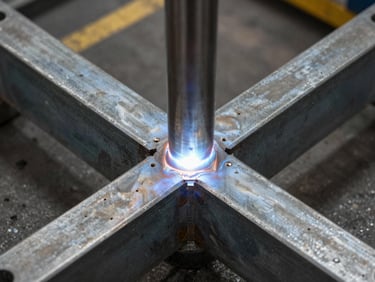 Close-up overhead shot of a structural steel weldment joint under task lighting on a fabrication bench, weld bead visible and clean, shop floor in background