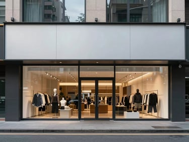 Wide shot of a commercial building street-level facade with glass shopfront and rendered upper panels, overcast daylight, no people, architectural framing emphasizing surface condition