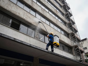 Wide shot of a commercial building facade being cleaned with pressure equipment, scaffolding visible, overcast daylight, urban São Paulo context