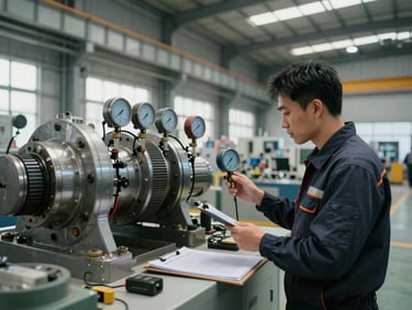 Wide industrial plant floor under neutral daylight, an engineer in technical gear measuring a large mechanical system with calibrated instruments, clipboard and documentation visible on a nearby surface, cool ambient light revealing equipment detail