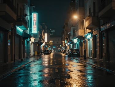 Cinematic wide 21:9 still of Beirut streets at night, glowing neon signs, wet asphalt reflecting teal and amber lights, moody atmosphere.