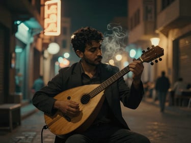 Atmospheric music film still, Cairo street at night, neon amber and teal backlights, a musician holding an oud, cinematic smoke, rich moody tones