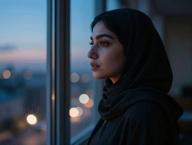 Cinematic portrait of a young Arab woman looking out of a window at dusk, soft neon blue light illuminating her face, warm city lights blurred in the background.