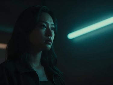 Dark cinematic landscape film still, dramatic low-key lighting, neon teal accents, anamorphic lens flare, shallow depth of field