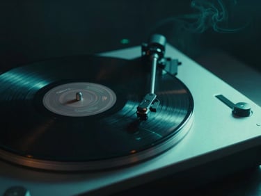 Minimalist close-up of a vintage vinyl record player, neon teal backlighting, dramatic shadows, smoke texture