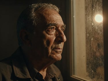 Cinematic still from a Lebanese drama, dramatic low-key warm lighting, close-up of an older man looking thoughtfully out of a dusty window, shallow depth of field