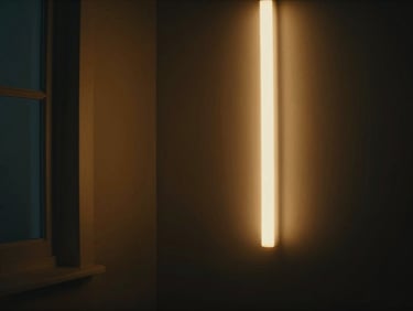 Atmospheric interior shot of a dimly lit room, neon amber light leaking through a window, dramatic cinematic frame