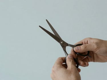 A stylist's hands holding professional shears, soft diffused daylight, shallow depth of field, minimalist aesthetic